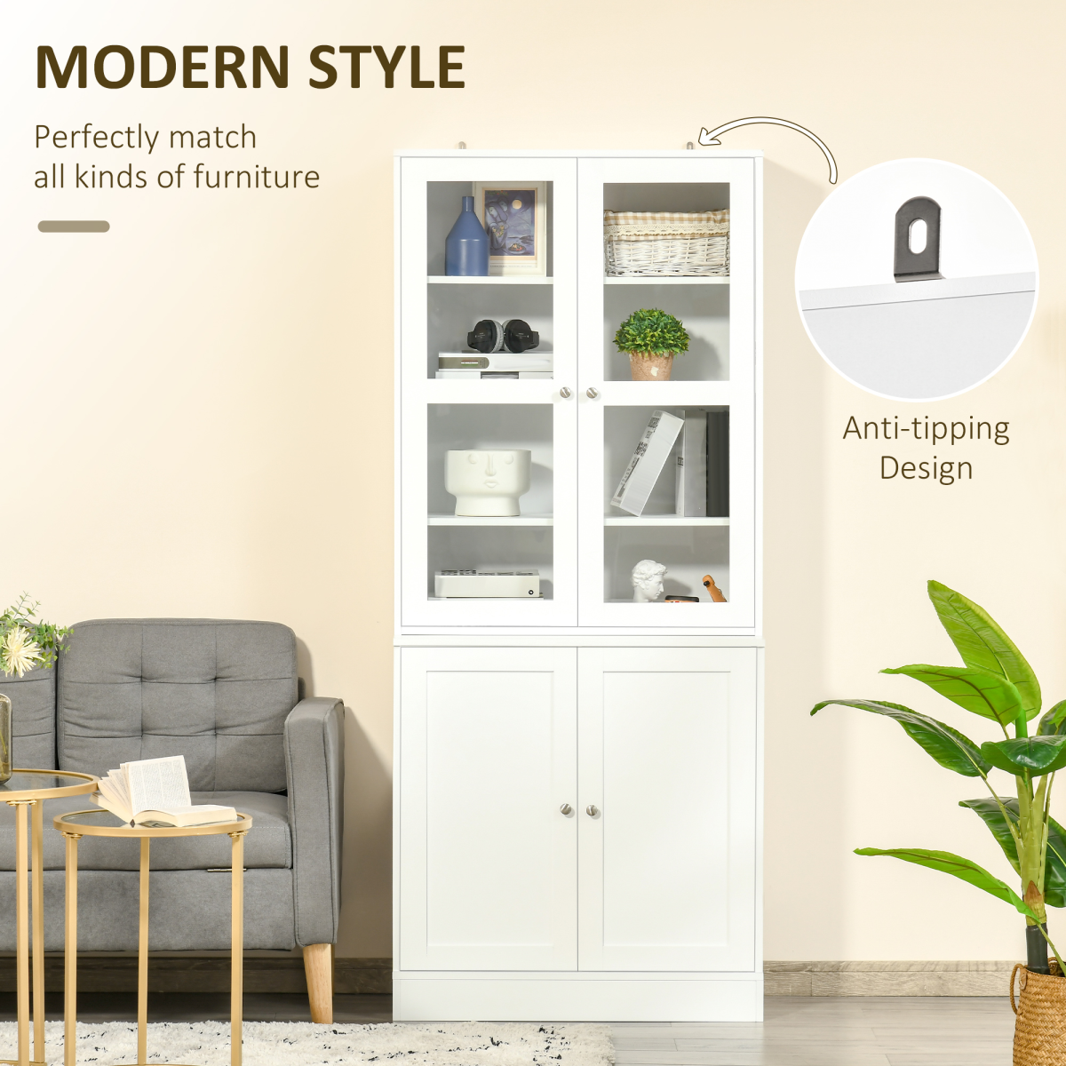 HOMCOM Modern Bookcase Display Storage Cabinet w/ Doors Adjustable Shelves