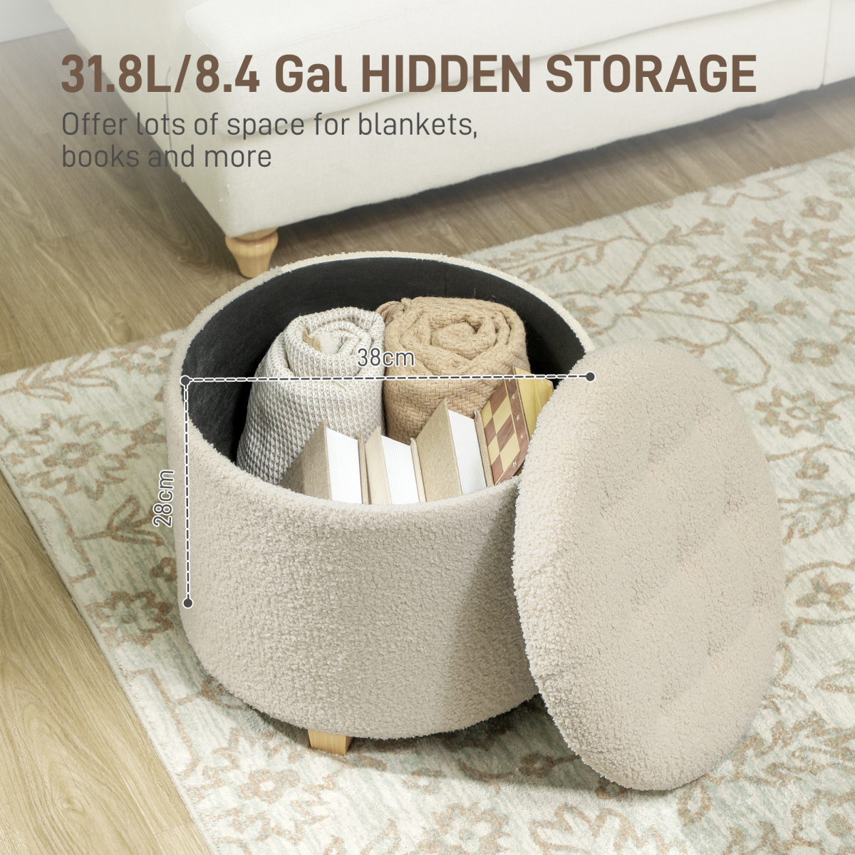 HOMCOM 45cm Round Ottoman with Storage, Lid, Cashmere Footstool
