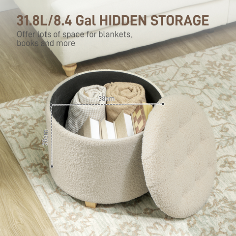 HOMCOM 45cm Round Ottoman with Storage, Lid, Cashmere Footstool