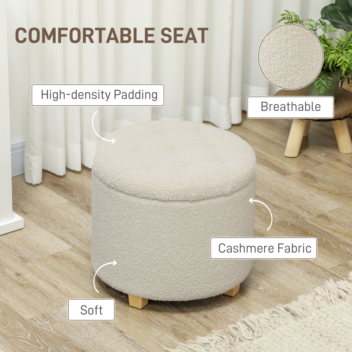 HOMCOM 45cm Round Ottoman with Storage, Lid, Cashmere Footstool