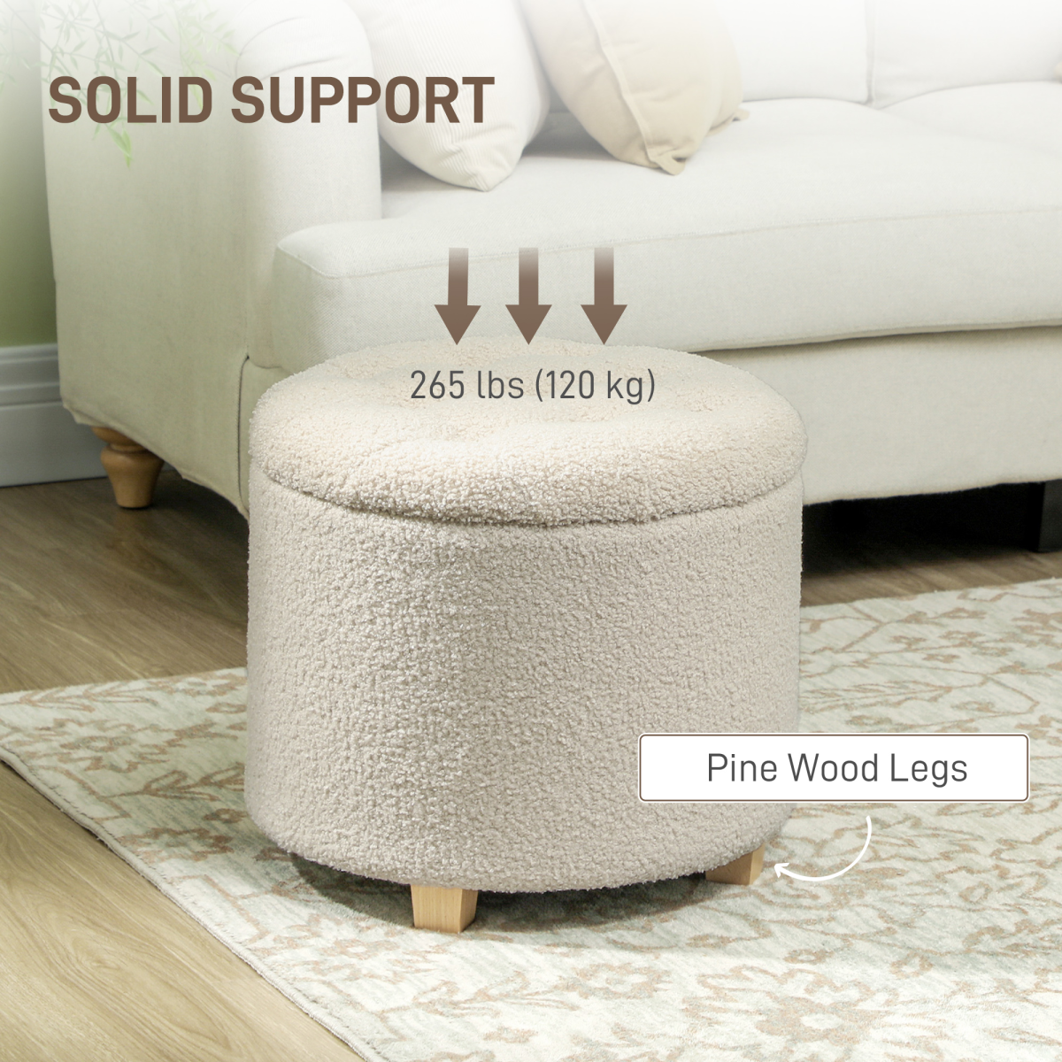 HOMCOM 45cm Round Ottoman with Storage, Lid, Cashmere Footstool