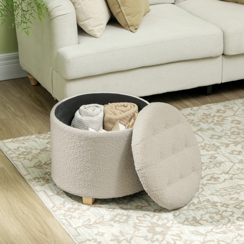 HOMCOM 45cm Round Ottoman with Storage, Lid, Cashmere Footstool