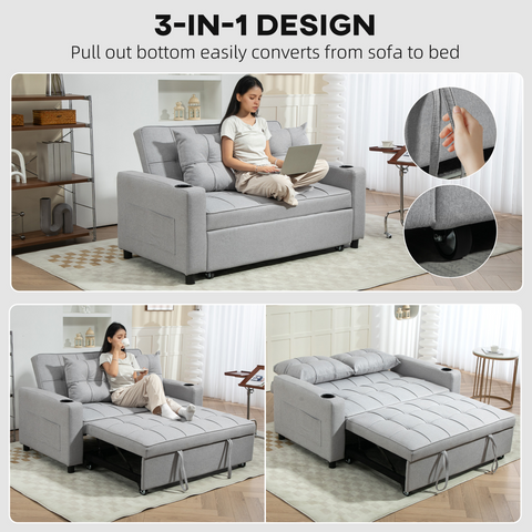 HOMCOM 2 Seater Pull Out Sofa Bed with Pockets for Living Room