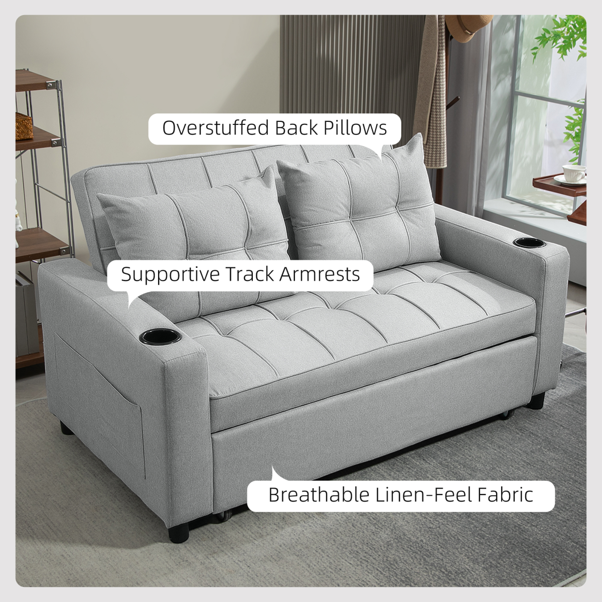 HOMCOM 2 Seater Pull Out Sofa Bed with Pockets for Living Room