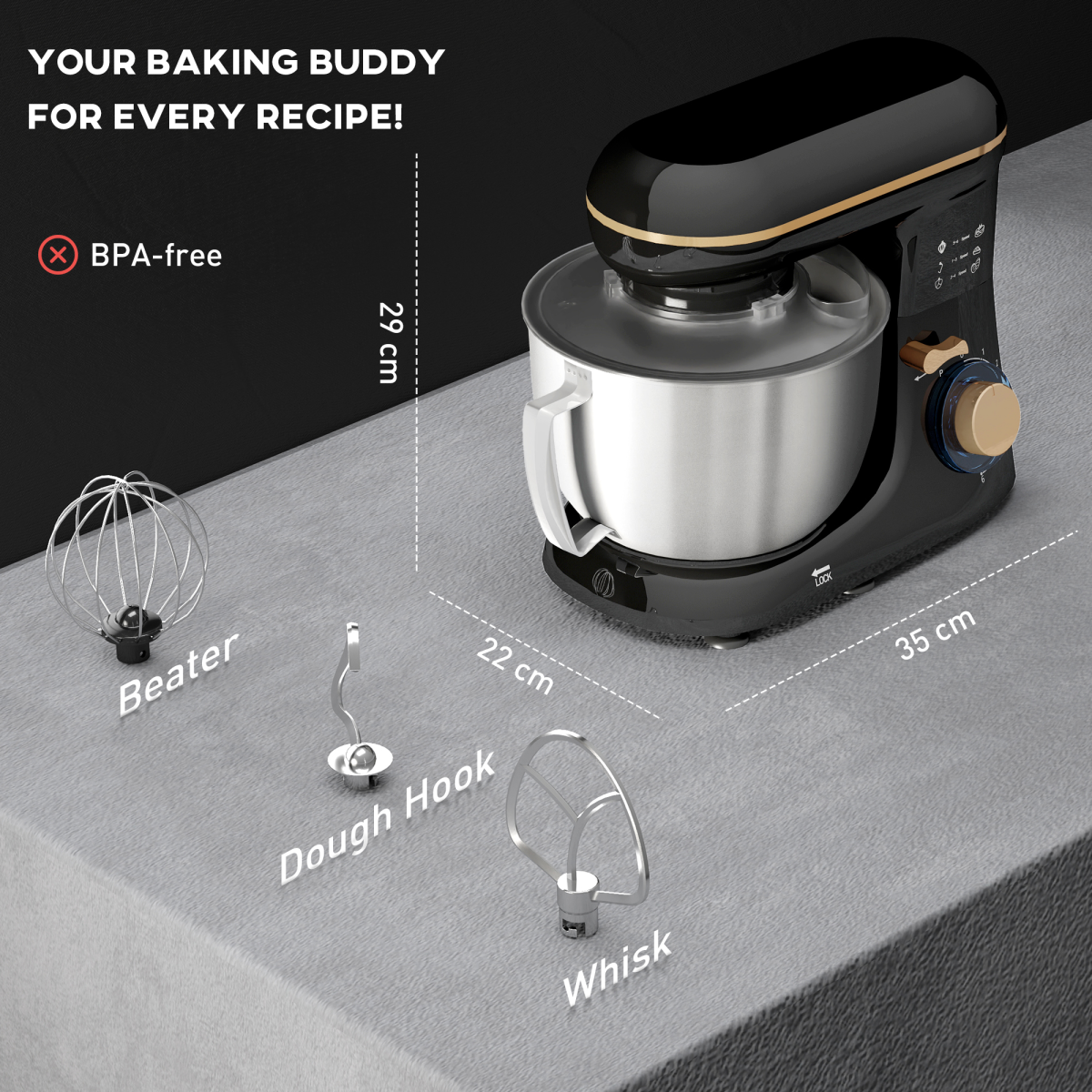 HOMCOM Electric Stand Mixer, 4.5L Food Mixer with Dough Hook, Whisk