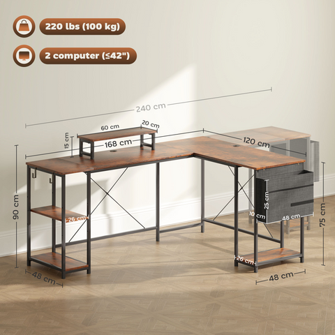HOMCOM 168cm Reversible L Shaped Desk, 240cm Two Person Desk