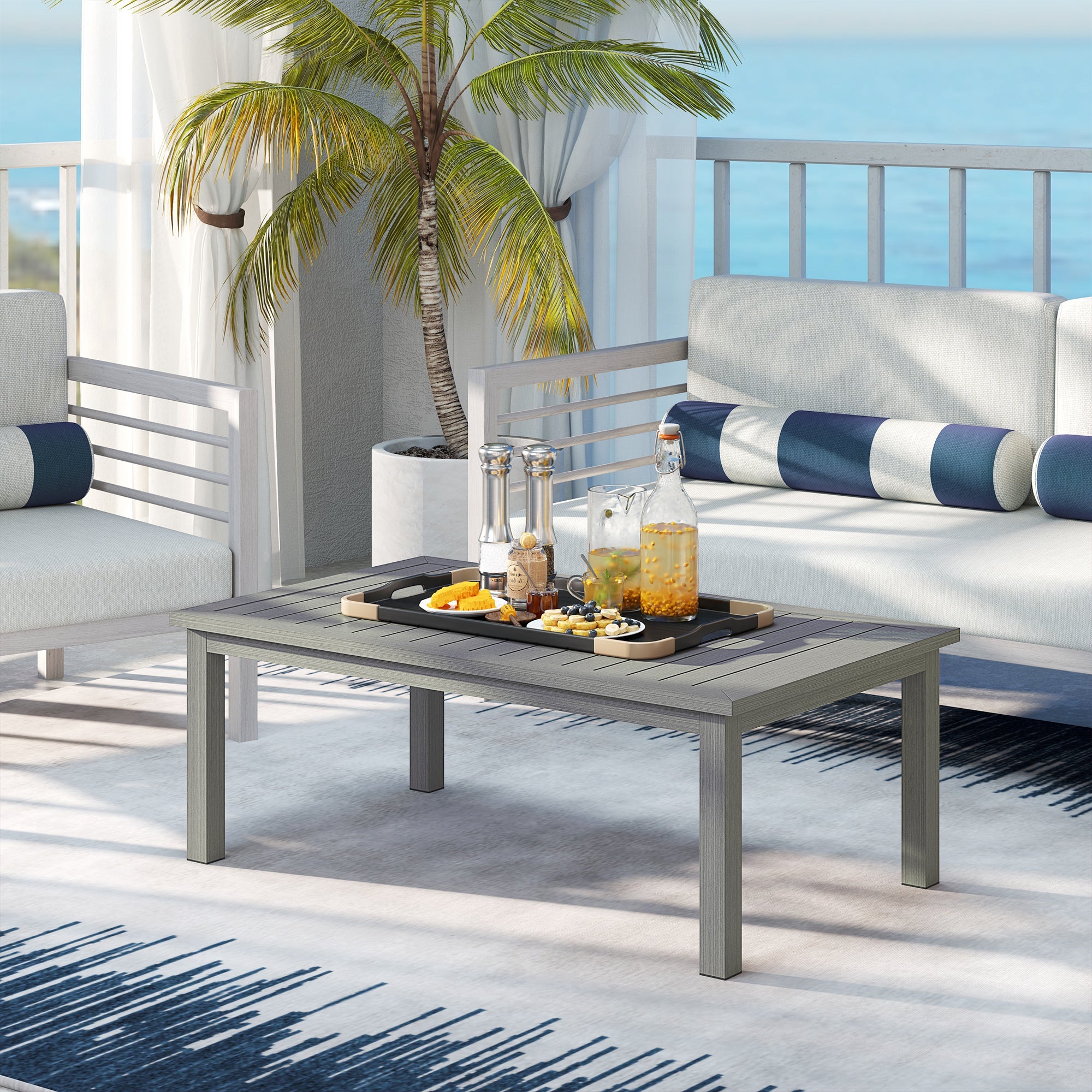 Outsunny Aluminium Outdoor Coffee Table Patio Table w/ Grey Wood Grain Effect