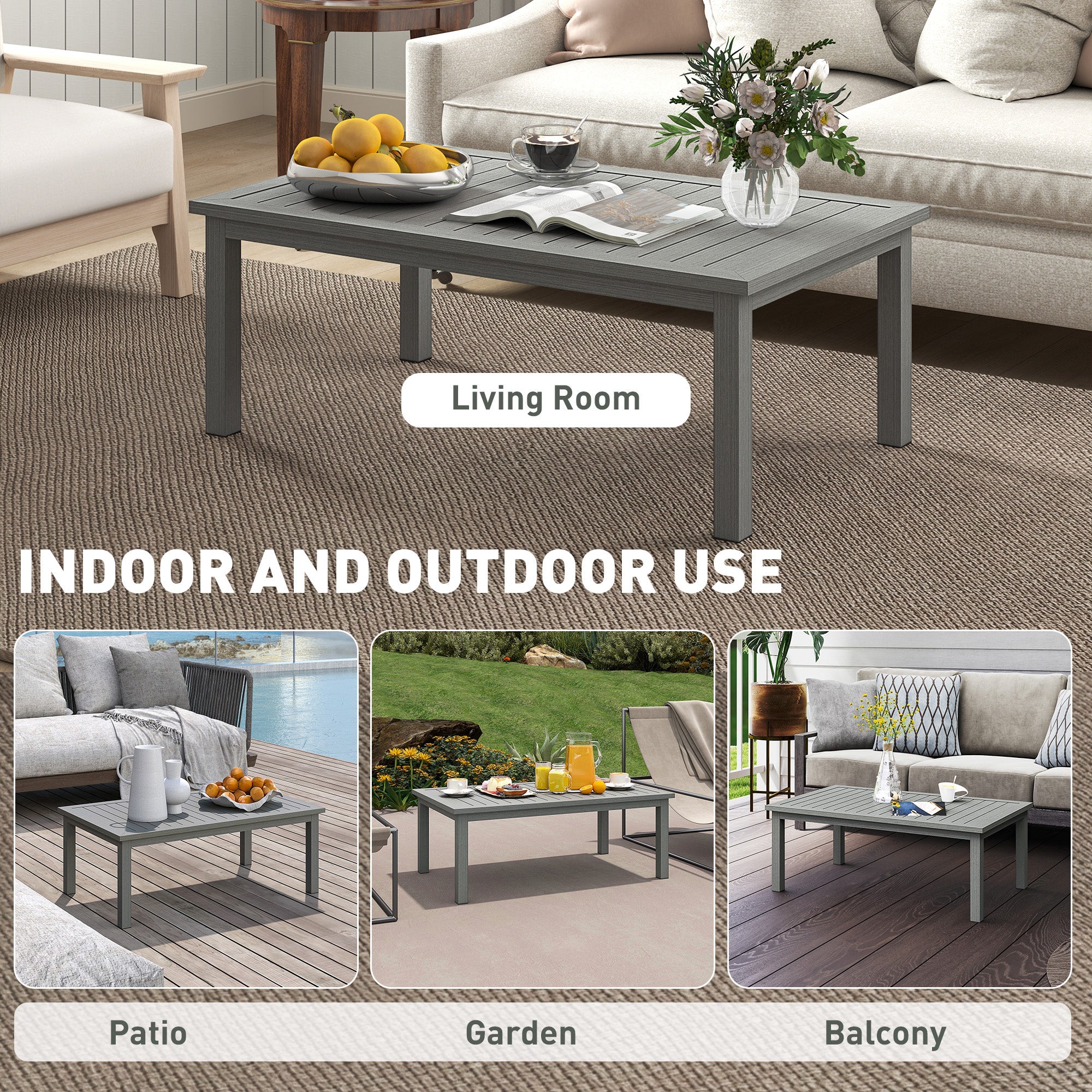 Outsunny Aluminium Outdoor Coffee Table Patio Table w/ Grey Wood Grain Effect