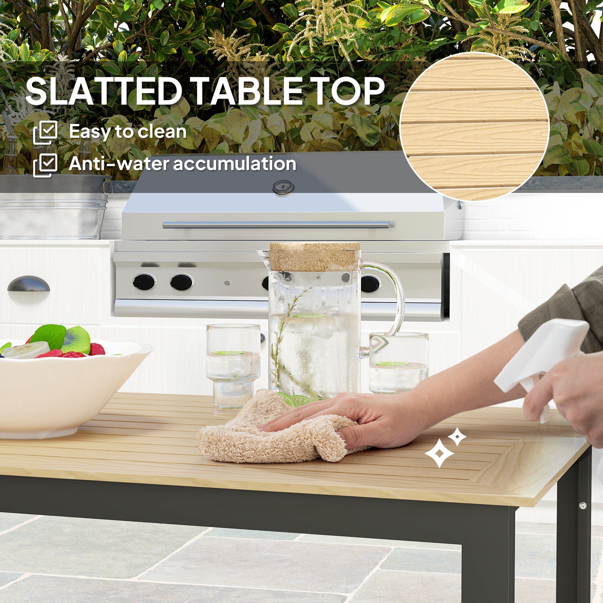 Outsunny Garden Dining Table for 6 People with Slatted Table Top Metal Frame
