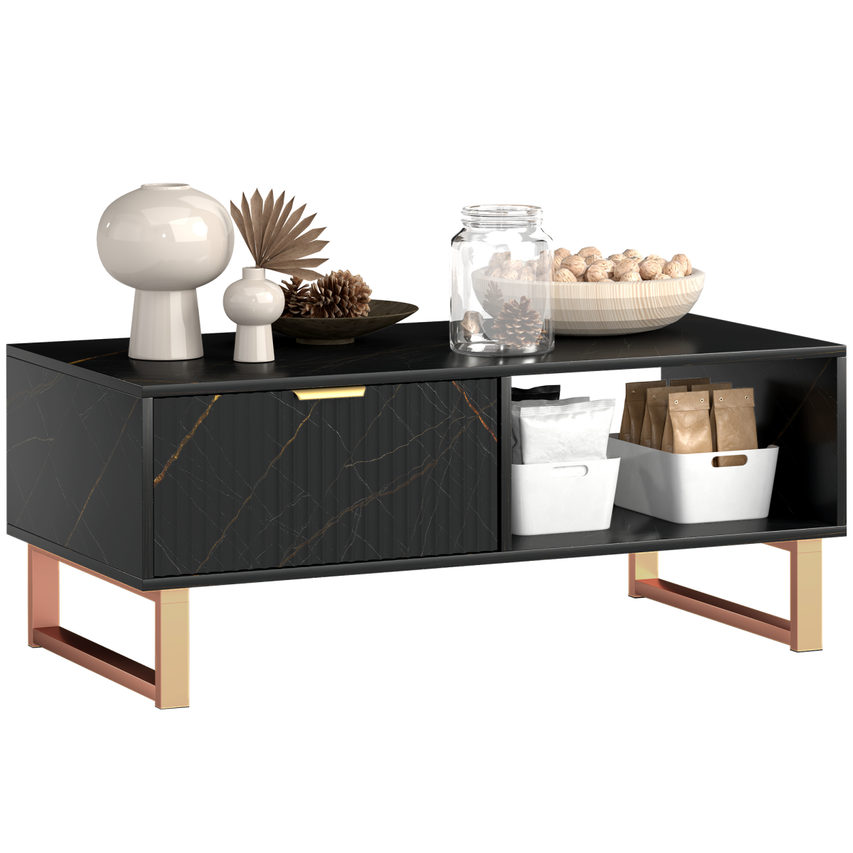 HOMCOM Coffee Table, Living Room Table with Drawer and Open Shelves