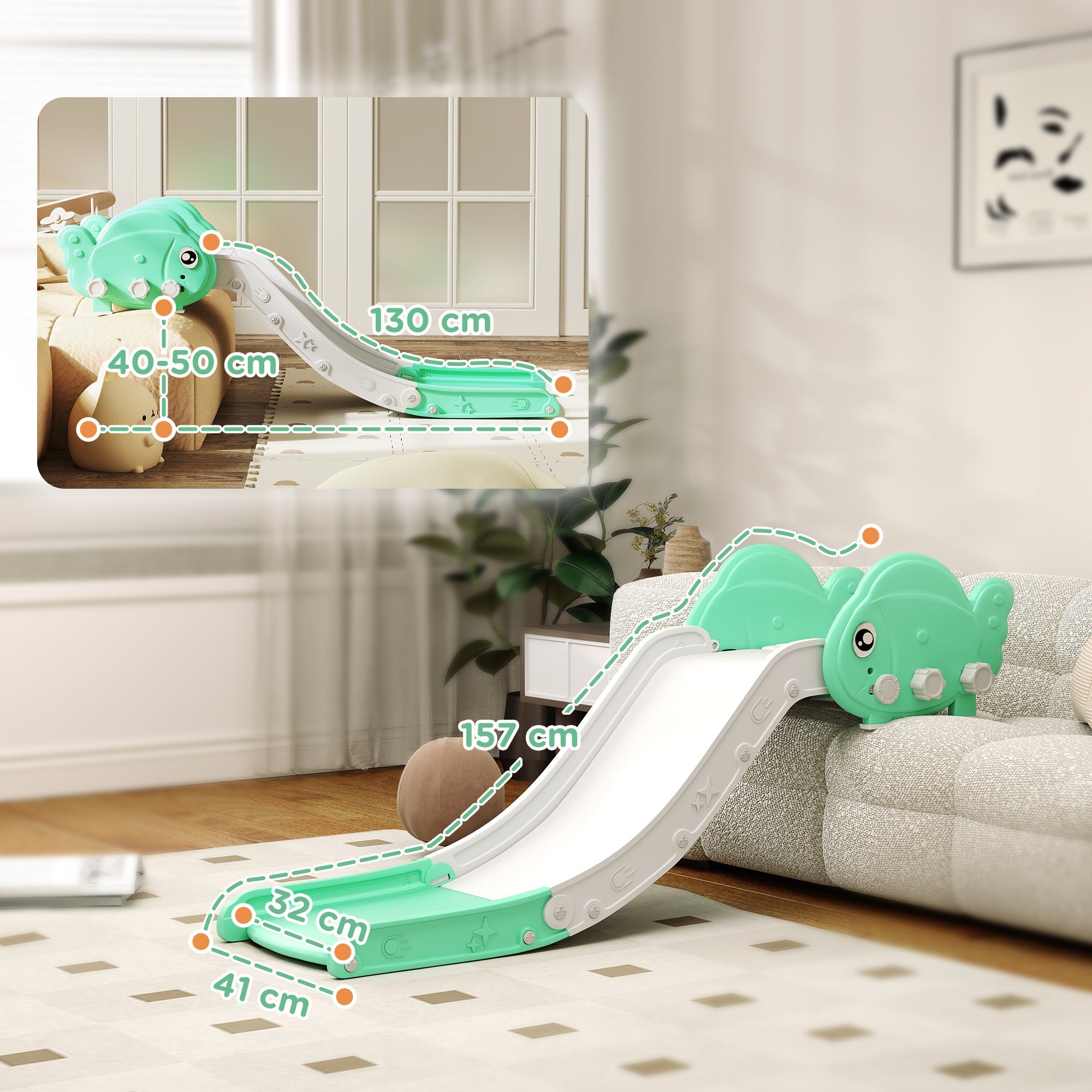 AIYAPLAY Kids Sofa Slide, Toddler Slide with 130cm Extended Length, Green