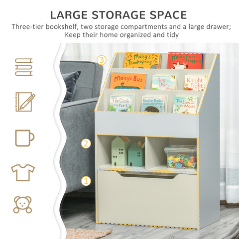 HOMCOM Kids Bookcase, Toy Box w/ Storage Drawer, Wheels for Bedroom