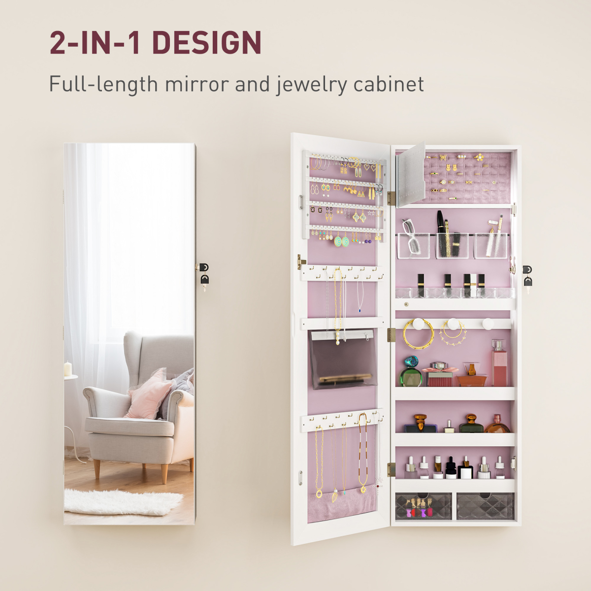 HOMCOM Door Hanging or Wall Mounted Jewellery Cabinet w/ Mirror Black Lining