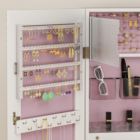 HOMCOM Door Hanging or Wall Mounted Jewellery Cabinet w/ Mirror Black Lining