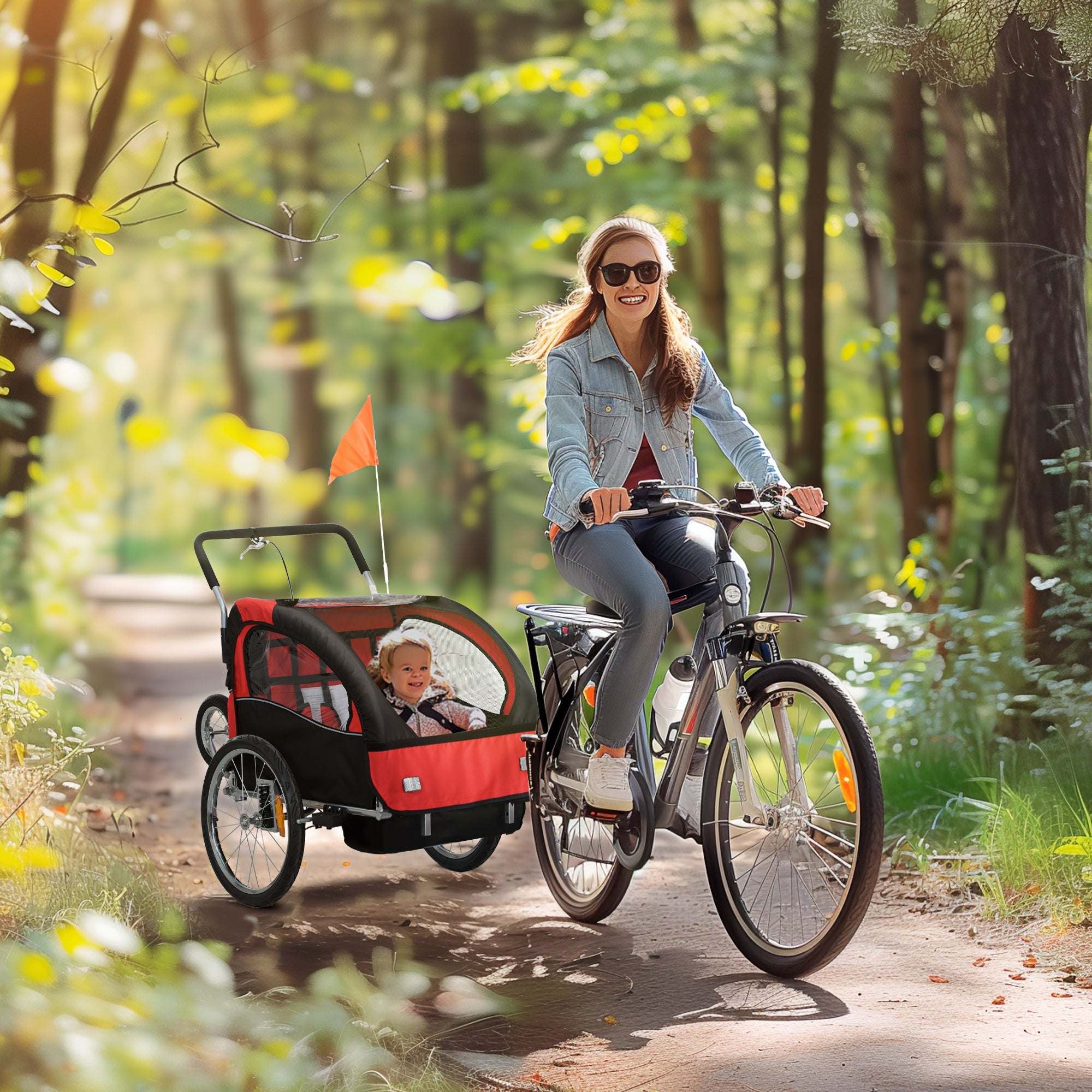 HOMCOM 2 Seat Bike Trailer with 5 Point Harness, for 18+ Months, Red