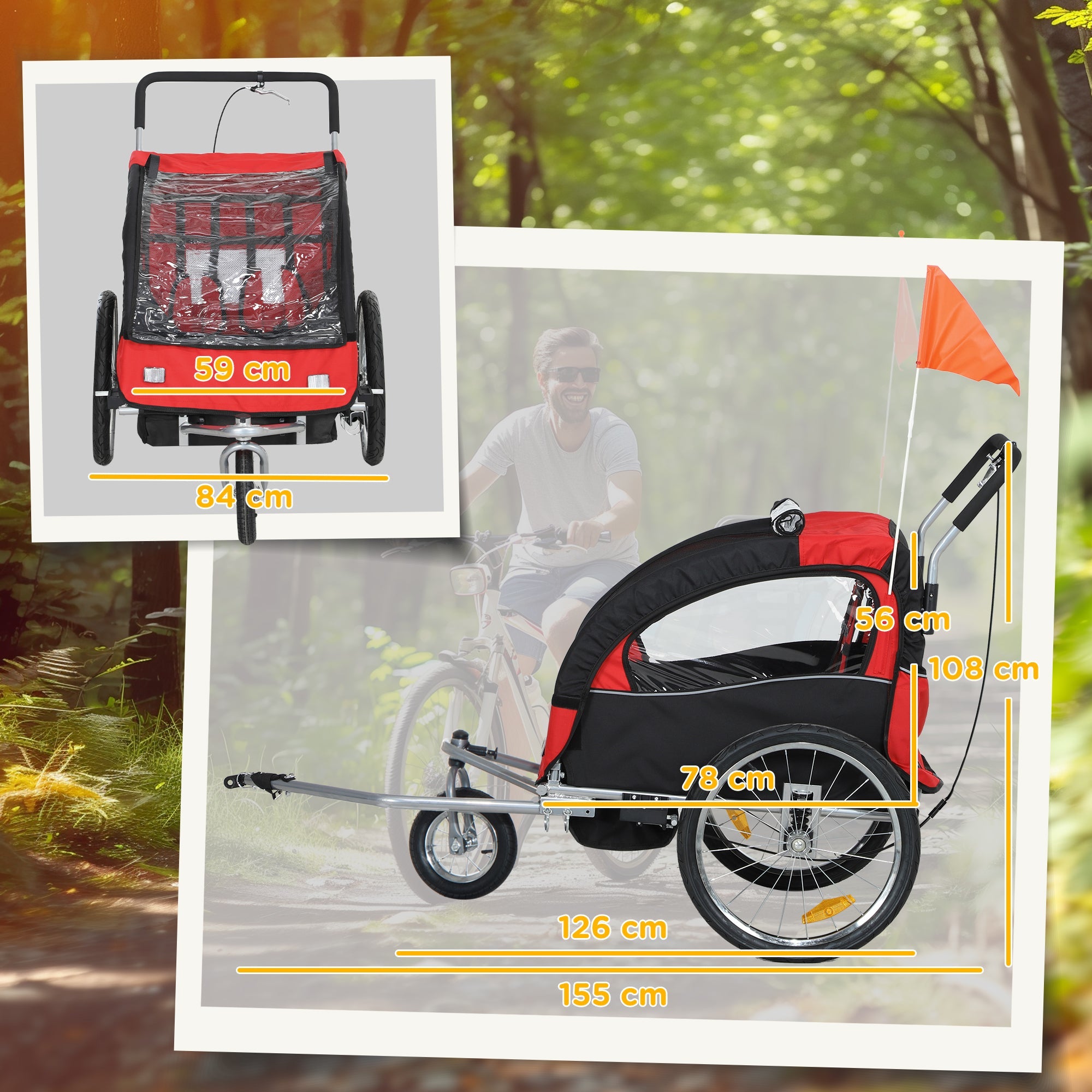 HOMCOM 2 Seat Bike Trailer with 5 Point Harness, for 18+ Months, Red
