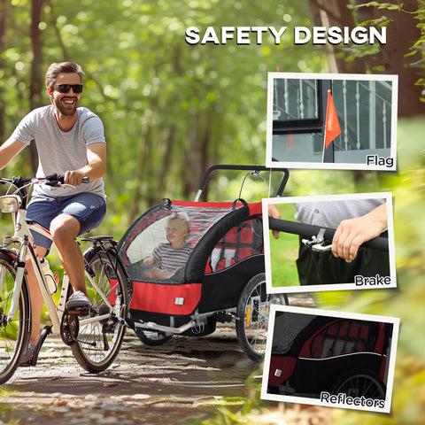 HOMCOM 2 Seat Bike Trailer with 5 Point Harness, for 18+ Months, Red