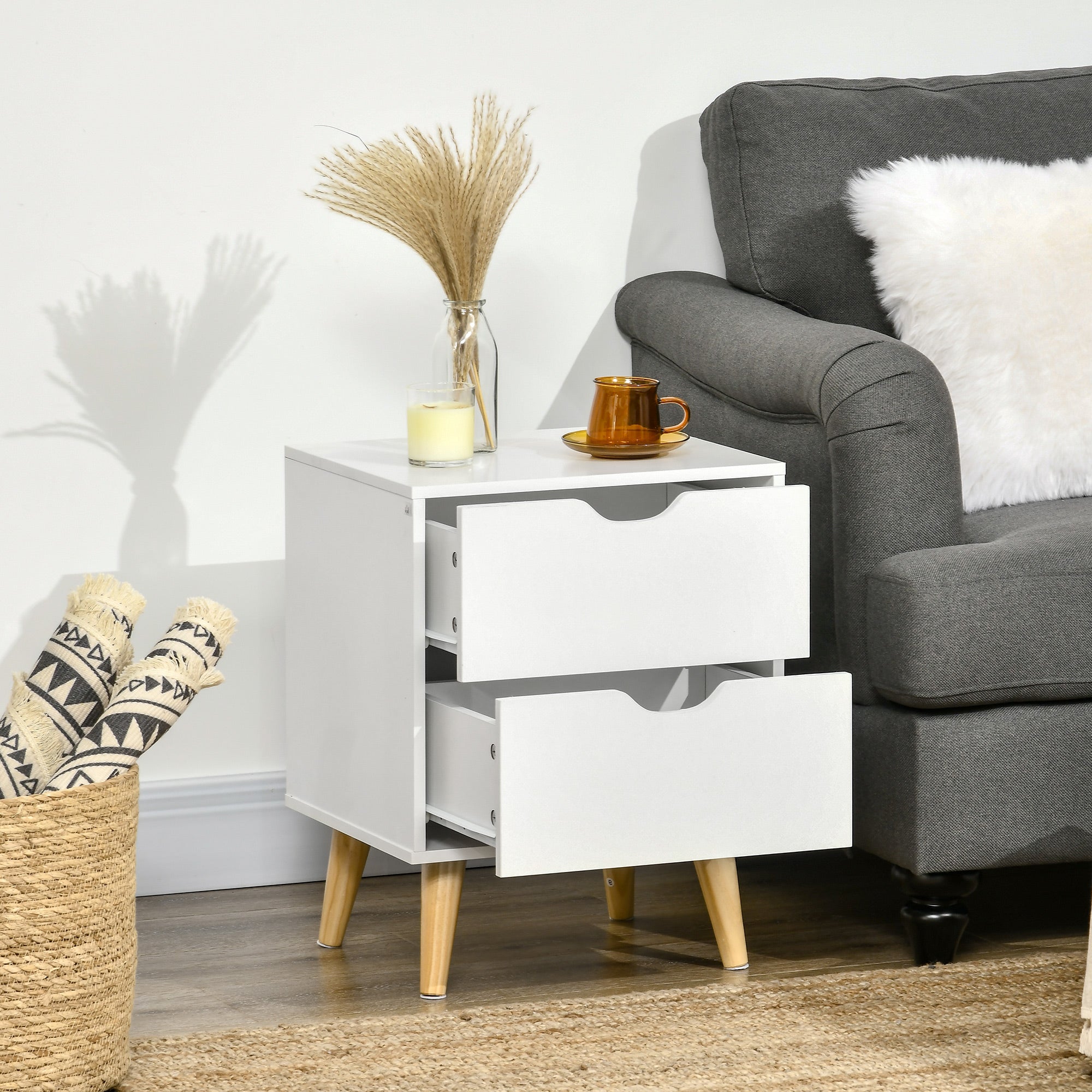 Elegant White Nightstand with Two Drawers and Natural Wood Legs