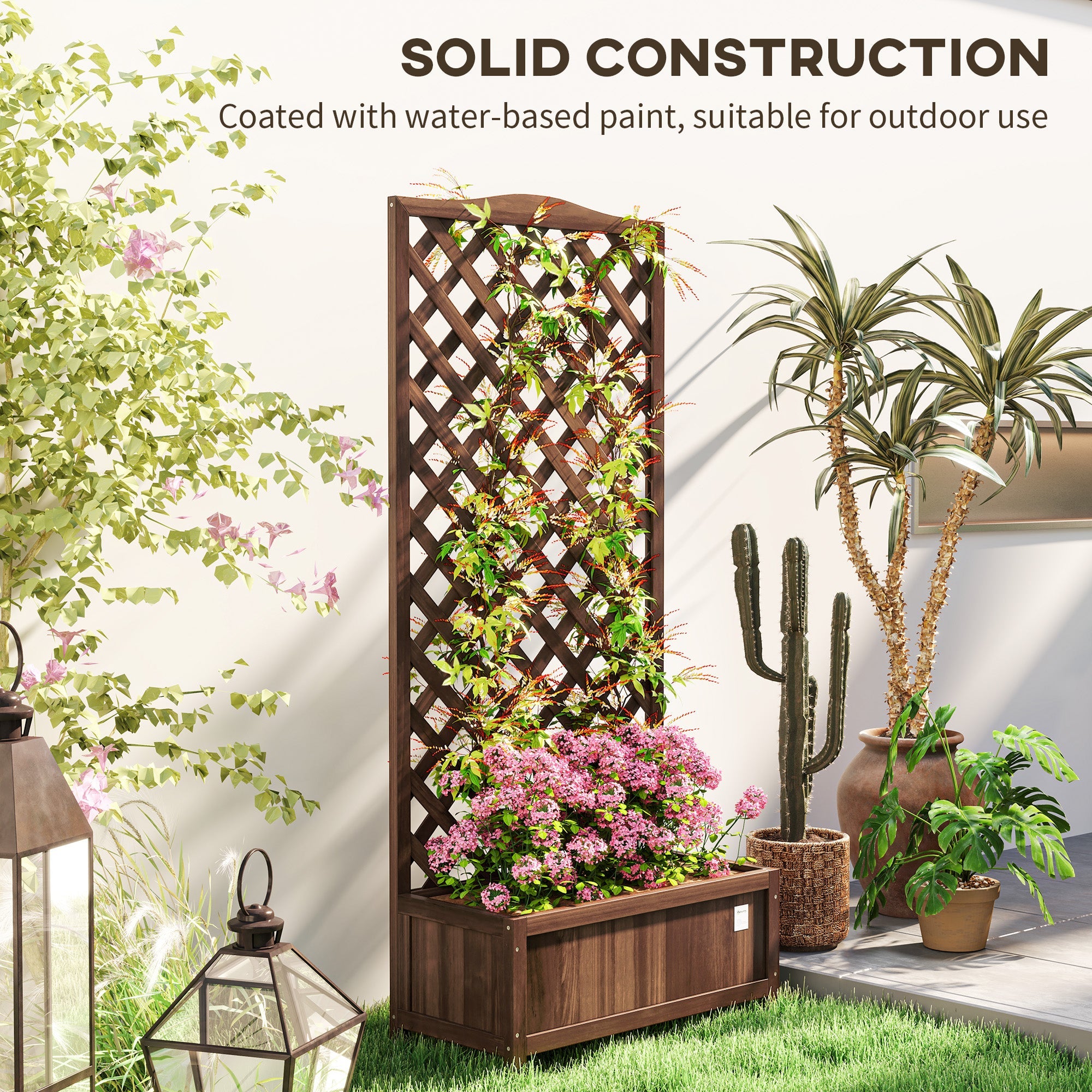 Outsunny Garden Wooden Planter Box with Trellis Flower Raised Bed Dark Brown