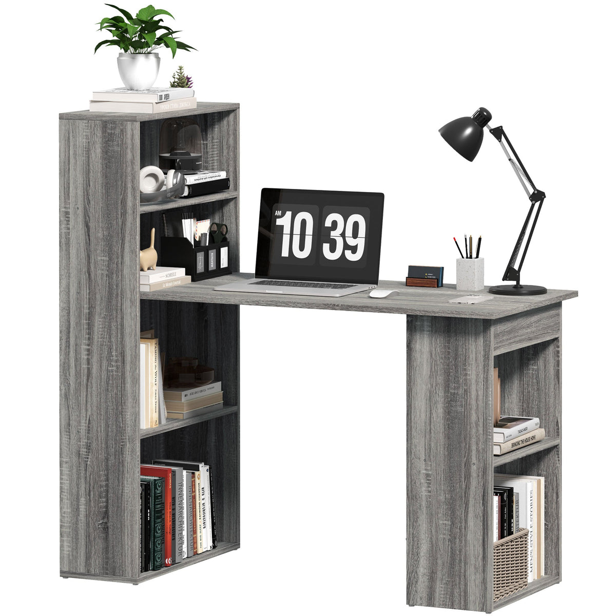 HOMCOM 120cm Computer Desk Bookshelf Writing Table Workstation 6 Shelves Grey
