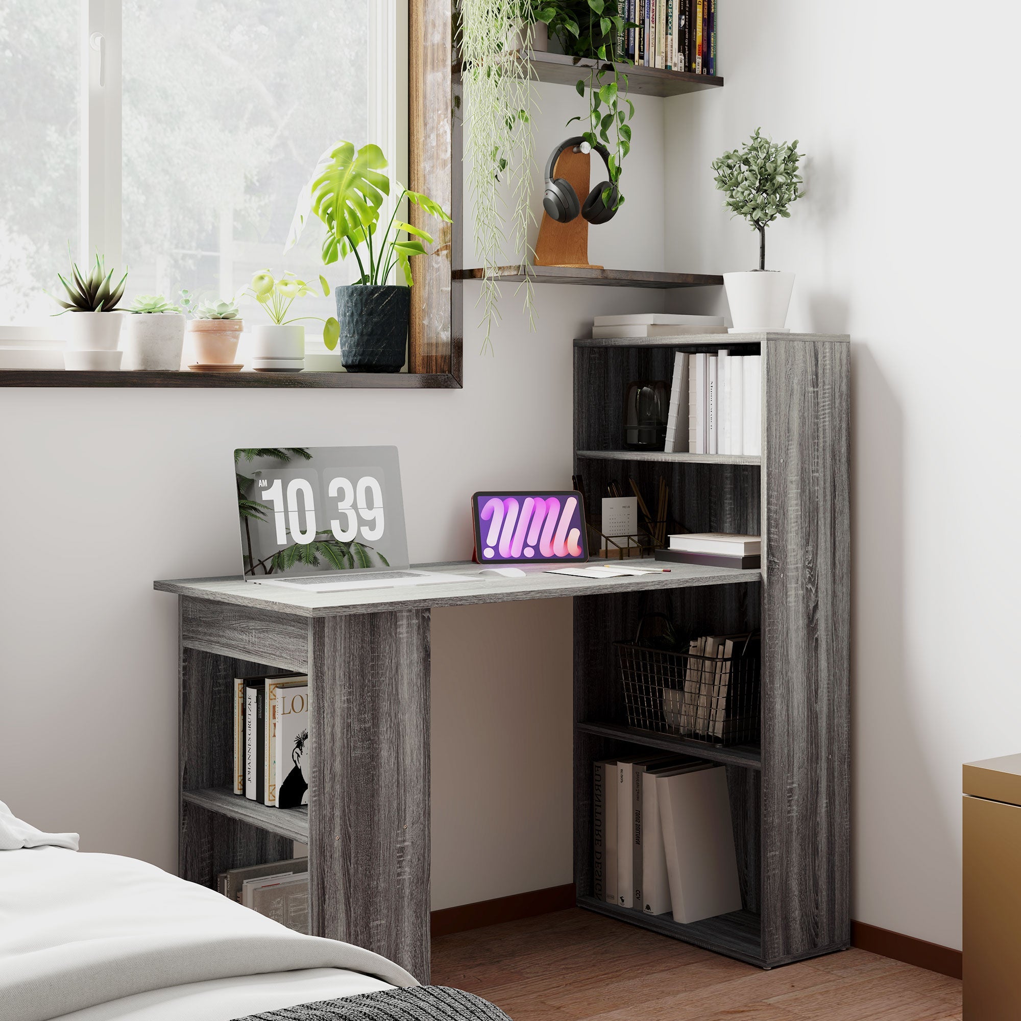 HOMCOM 120cm Computer Desk Bookshelf Writing Table Workstation 6 Shelves Grey