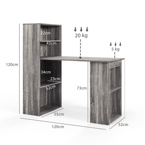 HOMCOM 120cm Computer Desk Bookshelf Writing Table Workstation 6 Shelves Grey