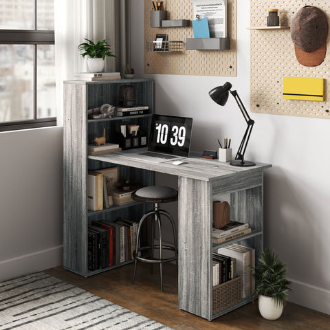 HOMCOM 120cm Computer Desk Bookshelf Writing Table Workstation 6 Shelves Grey
