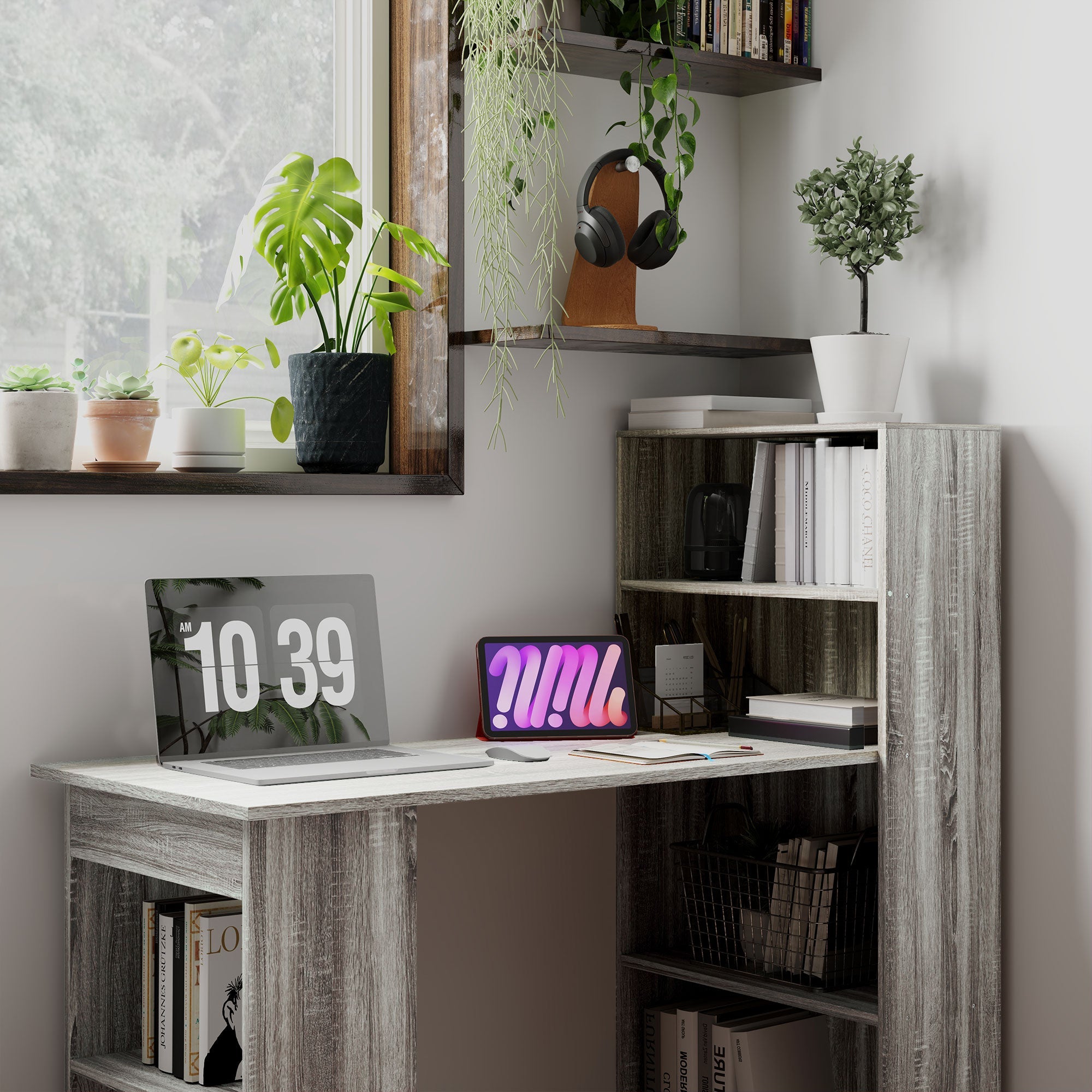 HOMCOM 120cm Computer Desk Bookshelf Writing Table Workstation 6 Shelves Grey