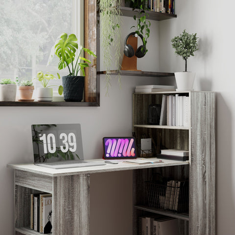 HOMCOM 120cm Computer Desk Bookshelf Writing Table Workstation 6 Shelves Grey
