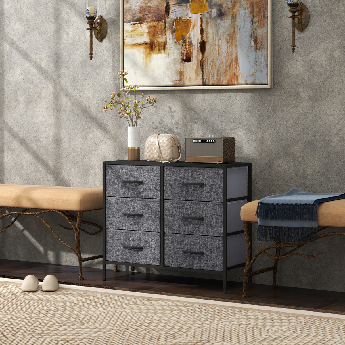 HOMCOM 6 Drawer Fabric Chest of Drawers w/ Wooden Top for Hallway