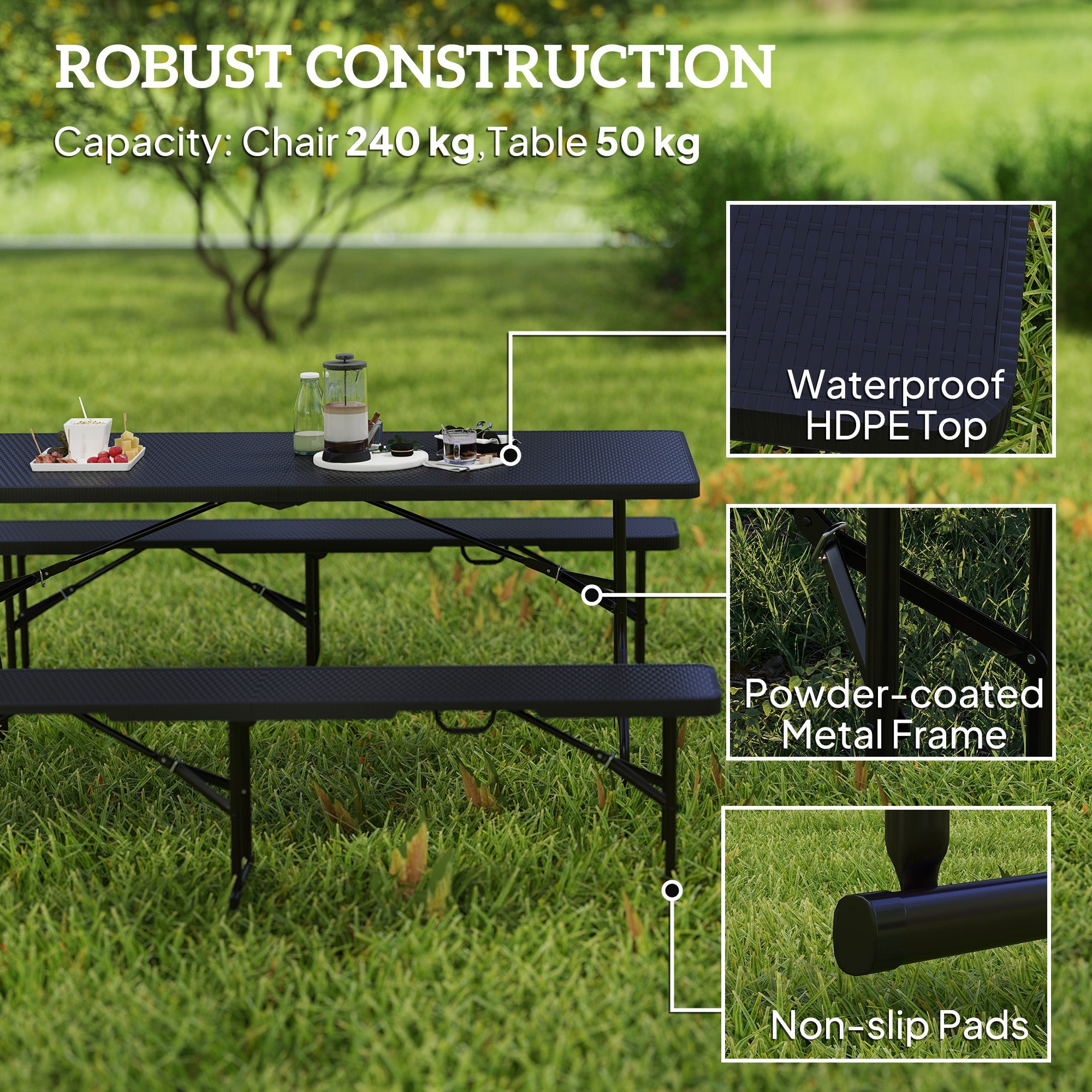 Outsunny Rattan Effect Folding Picnic Table and Bench Set w/ Handles, Black