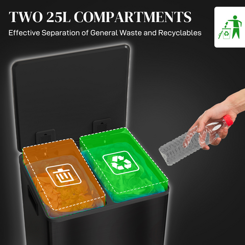 HOMCOM 2 x 25L Double Kitchen Bin, Pedal Bin with Soft-Close Lid