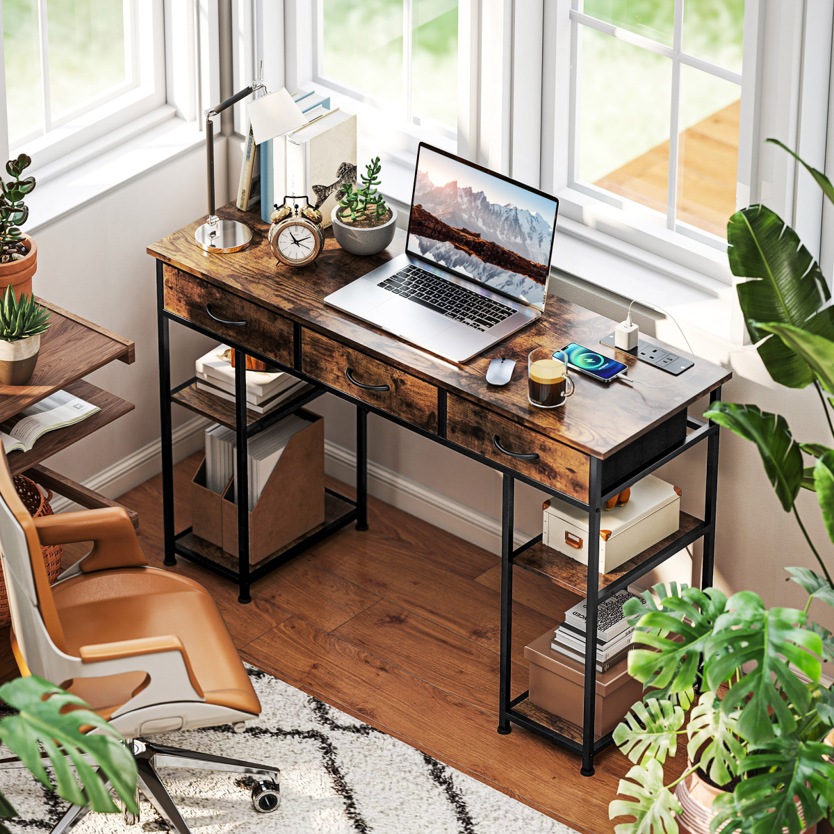 HOMCOM Computer Writing Desk with Power Outlets, Drawers, Shelves