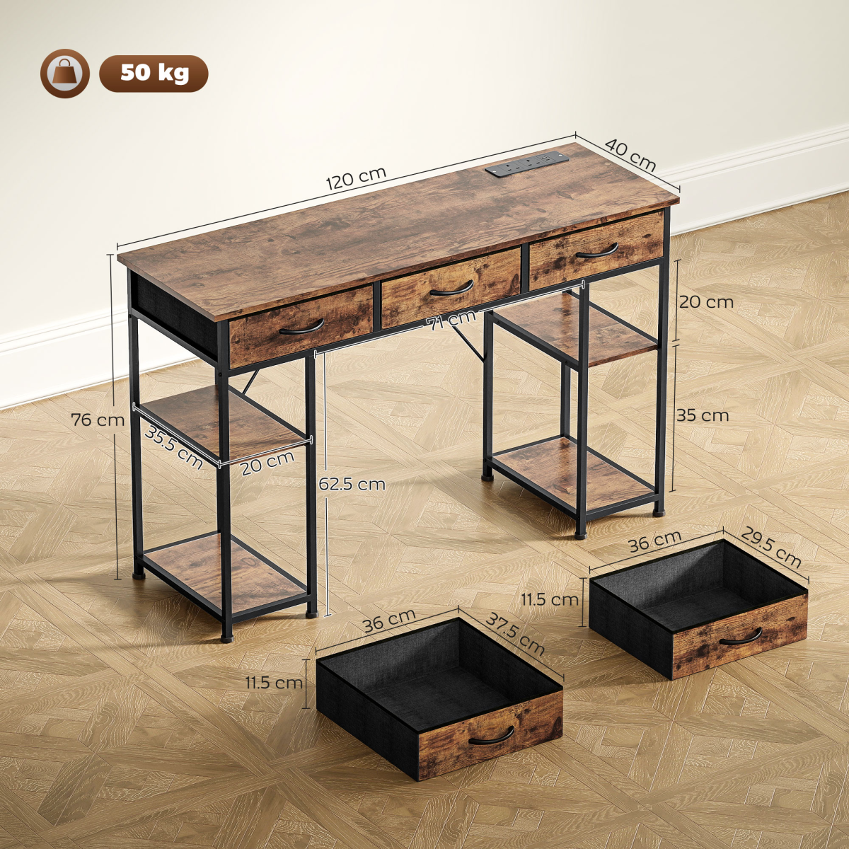 HOMCOM Computer Writing Desk with Power Outlets, Drawers, Shelves
