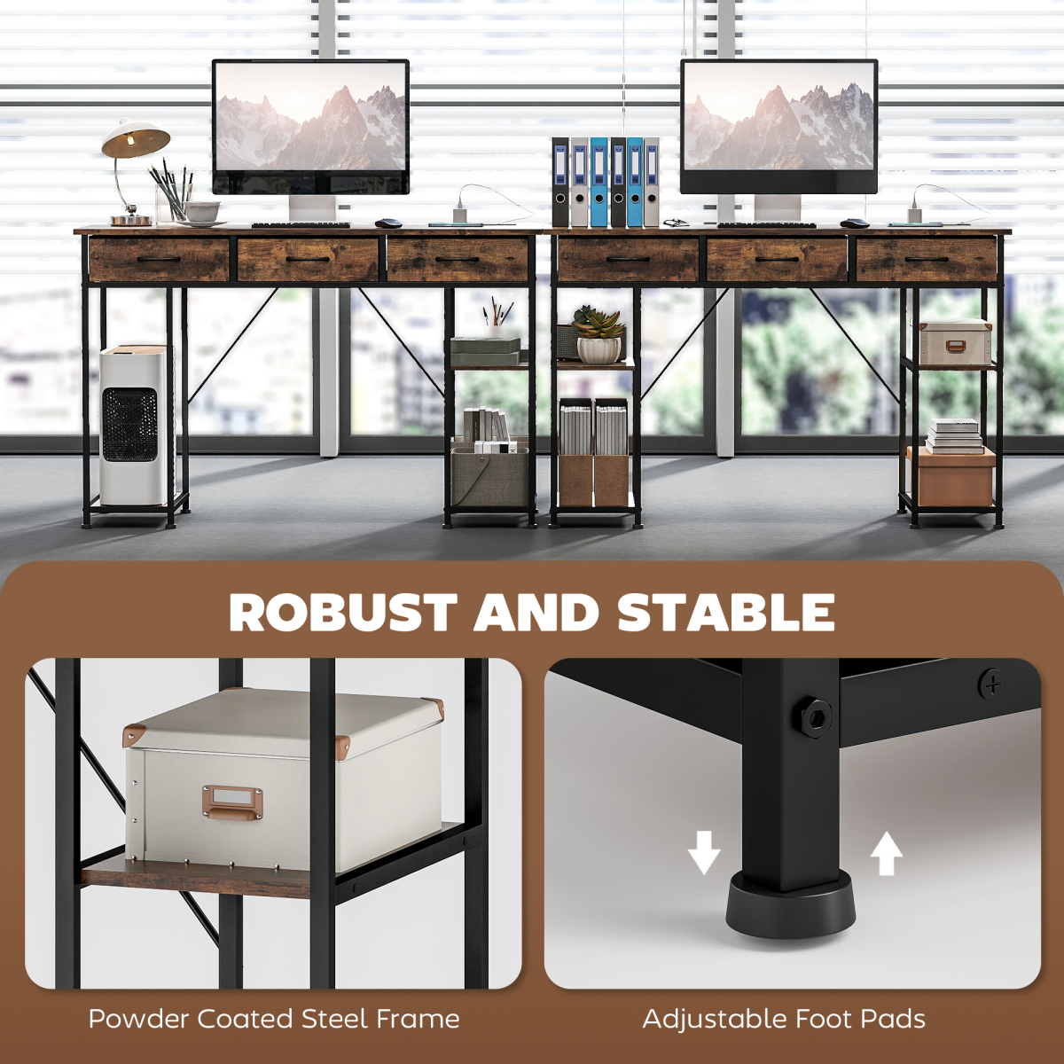 HOMCOM Computer Writing Desk with Power Outlets, Drawers, Shelves