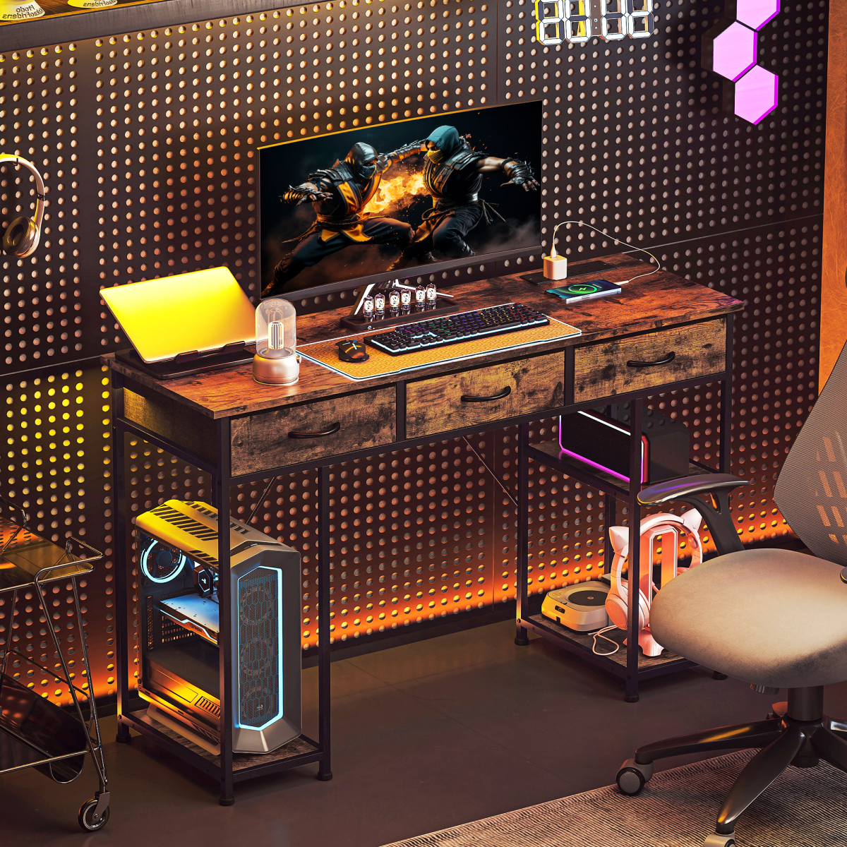 HOMCOM Computer Writing Desk with Power Outlets, Drawers, Shelves