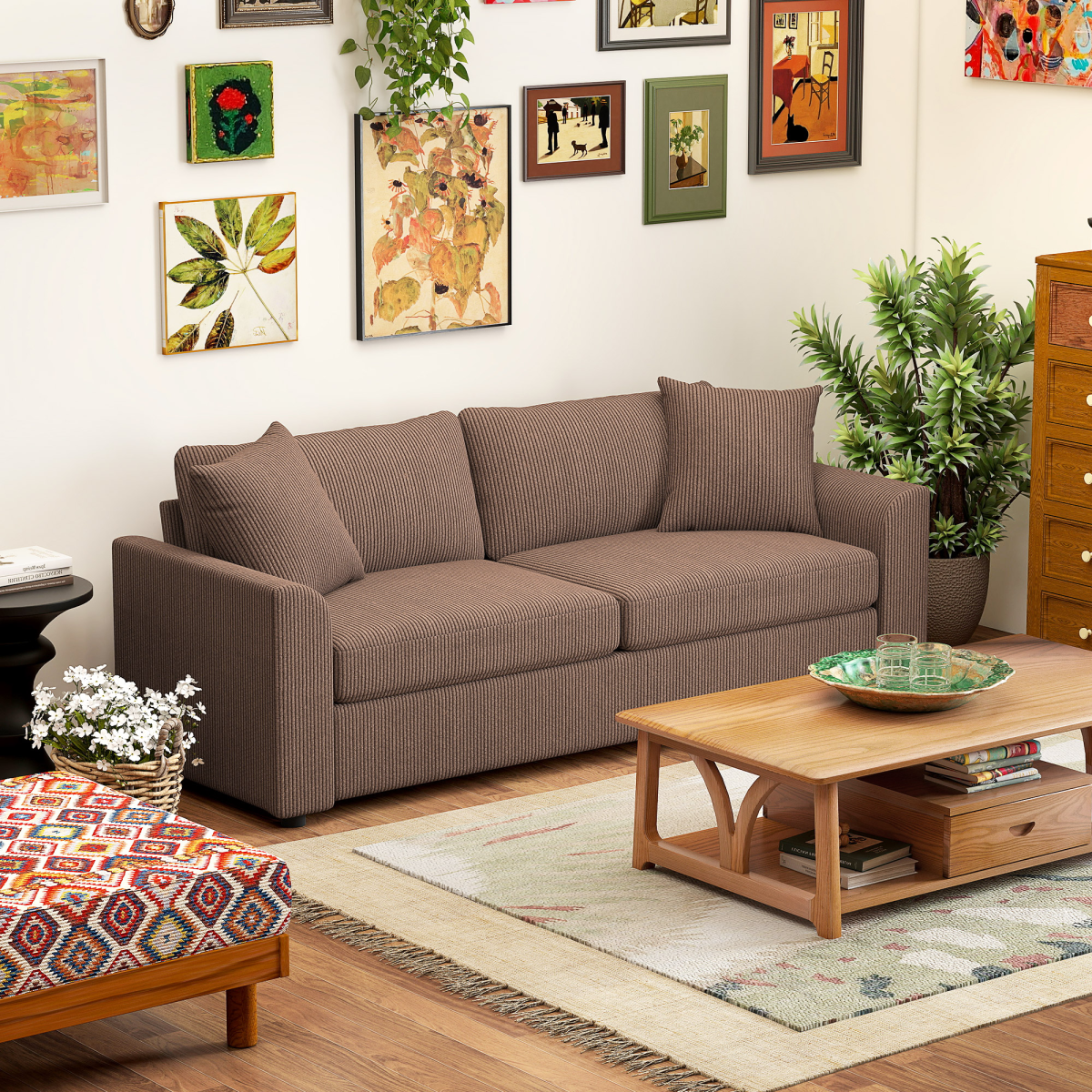 HOMCOM 212 cm Upholstered Jumbo Cord Sofa Couch with Spring Cushion