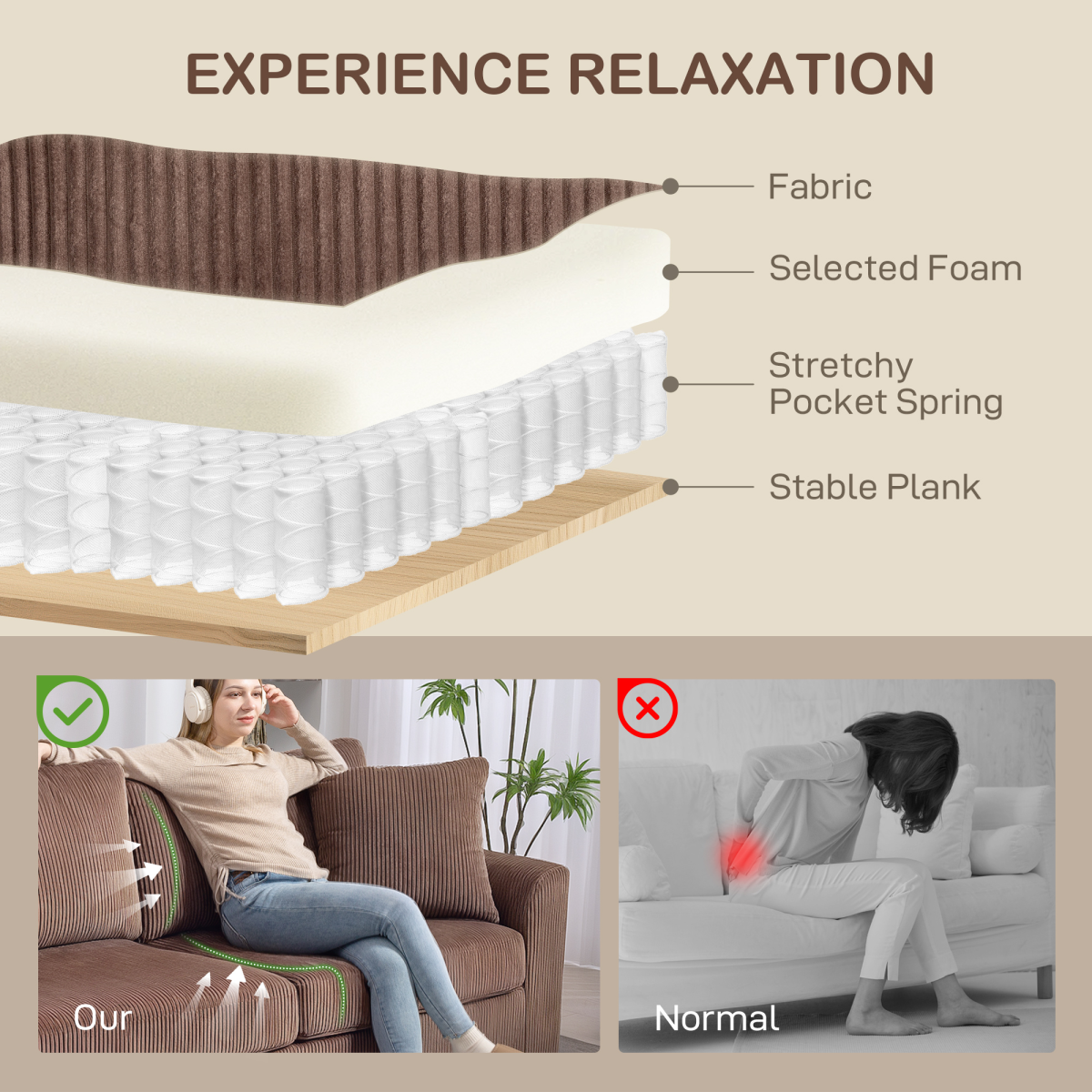 HOMCOM 212 cm Upholstered Jumbo Cord Sofa Couch with Spring Cushion