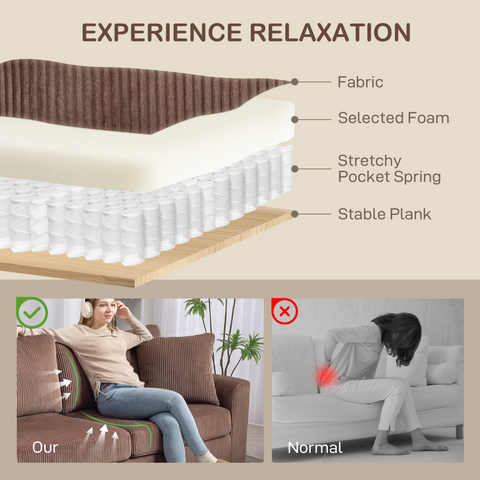 HOMCOM 212 cm Upholstered Jumbo Cord Sofa Couch with Spring Cushion