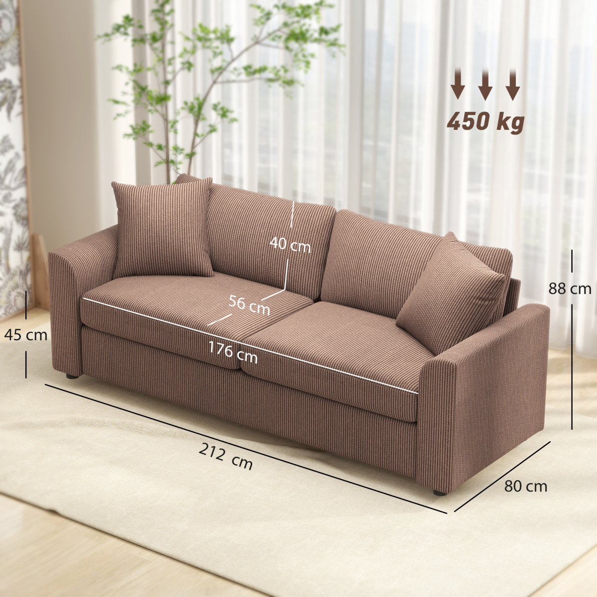 HOMCOM 212 cm Upholstered Jumbo Cord Sofa Couch with Spring Cushion
