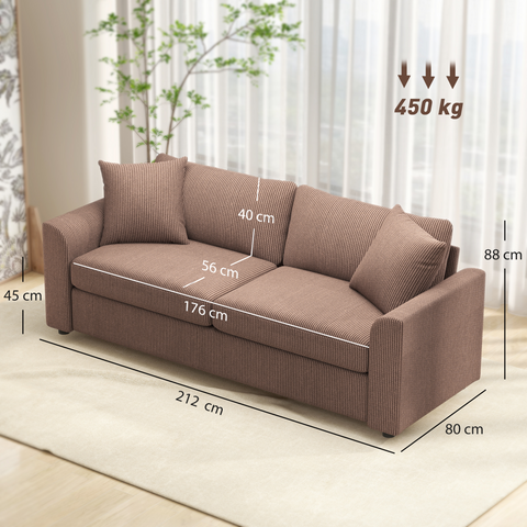 HOMCOM 212 cm Upholstered Jumbo Cord Sofa Couch with Spring Cushion