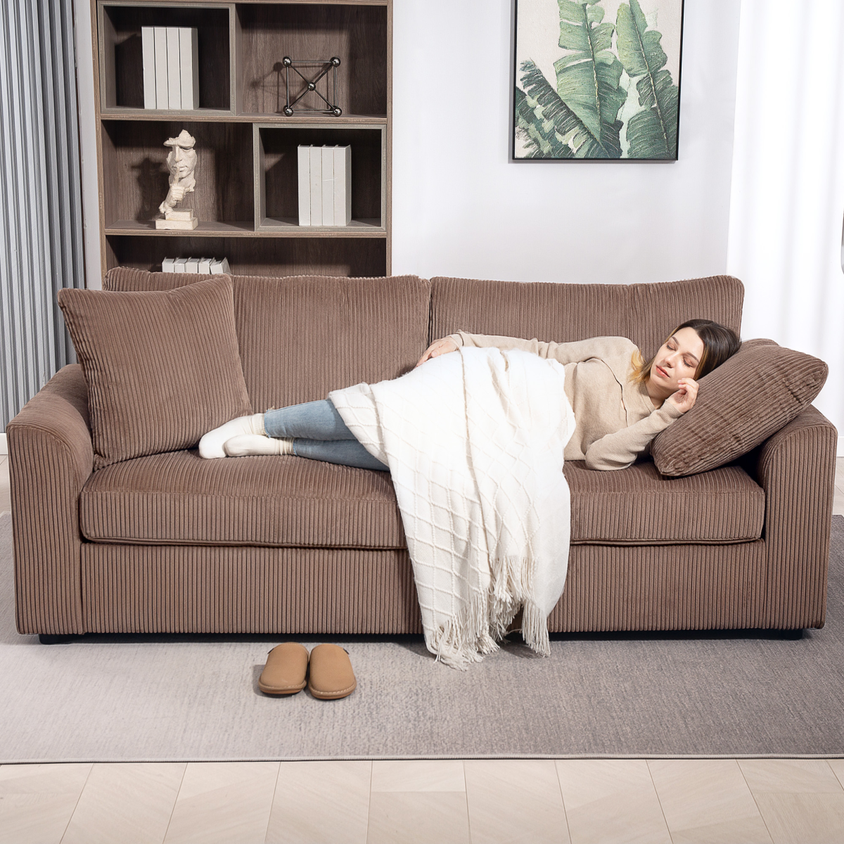 HOMCOM 212 cm Upholstered Jumbo Cord Sofa Couch with Spring Cushion
