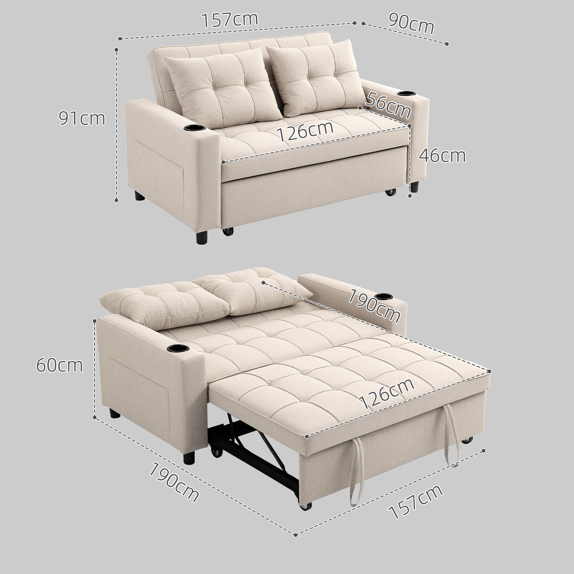 HOMCOM 2 Seater Pull Out Sofa Bed with Pockets for Living Room Beige