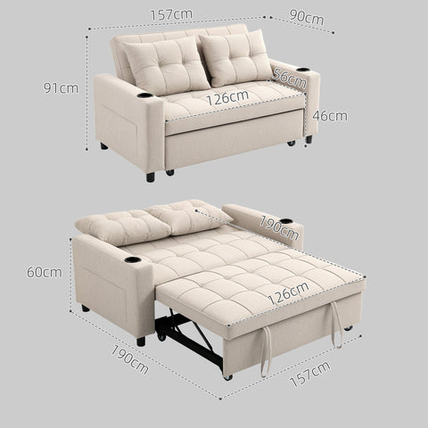 HOMCOM 2 Seater Pull Out Sofa Bed with Pockets for Living Room Beige