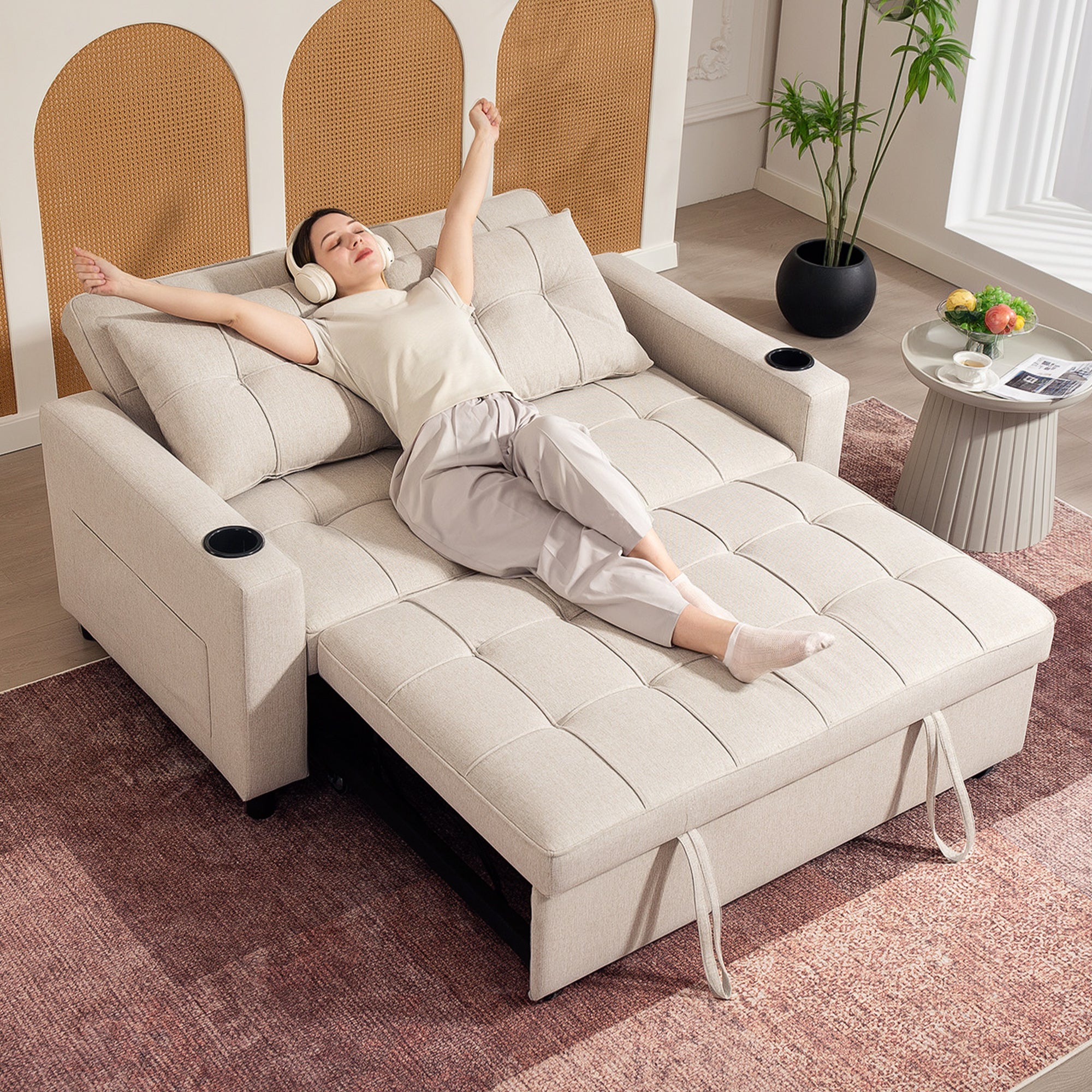 HOMCOM 2 Seater Pull Out Sofa Bed with Pockets for Living Room Beige