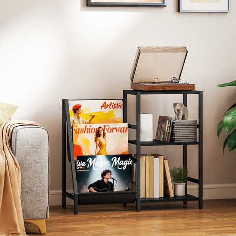HOMCOM Record Player Stand, 3-Tier Side Table with Vinyl Record Storage