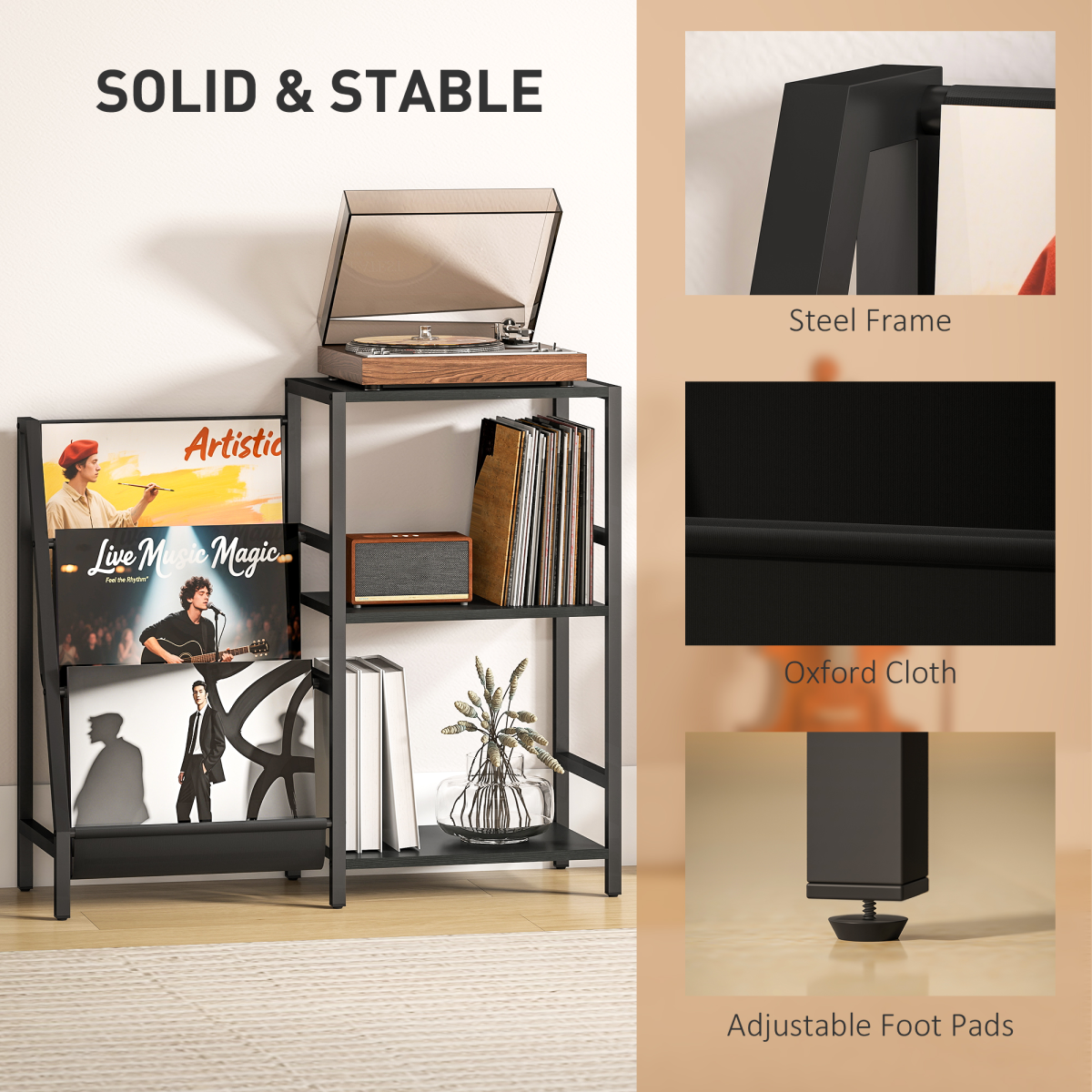 HOMCOM Record Player Stand, 3-Tier Side Table with Vinyl Record Storage