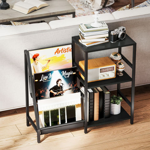 HOMCOM Record Player Stand, 3-Tier Side Table with Vinyl Record Storage