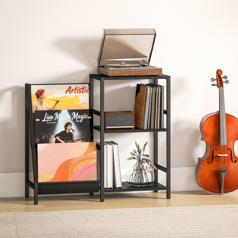 HOMCOM Record Player Stand, 3-Tier Side Table with Vinyl Record Storage