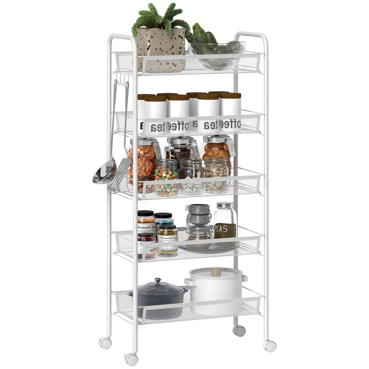 HOMCOM 5 Tier Utility Rolling Cart with Removable Mesh Baskets